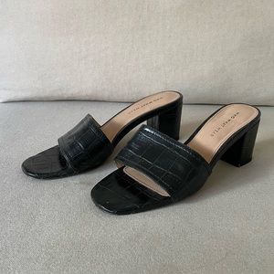 Black patent croc embossed mules